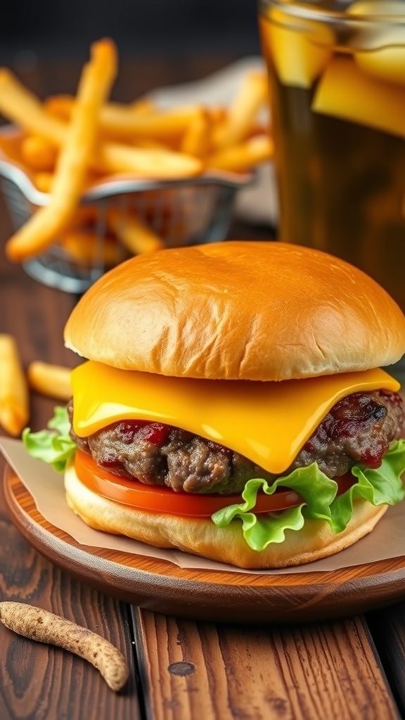 A delicious cheeseburger with beef patty, cheese, lettuce, and tomato on a toasted bun, served with fries.